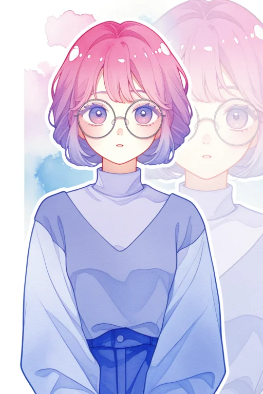1girl, Zoom Layer, Round Glasses, Watercolor Background, Wat...