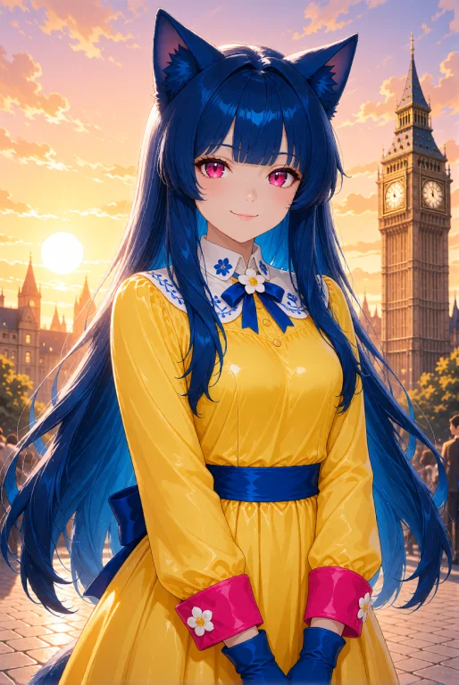 Catgirl, With Vibrant Blue Hair Styled In Long Locks And Blu...
