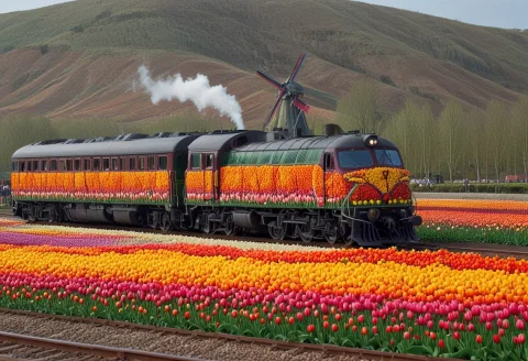 Made Of Tulips, Jaynl-tm, A Locomotive Made Of Tulips On A T... — SDXL AI Prompt: made of tulips, jaynl-tm, a locomotive made of tulips on a train track, pulling...