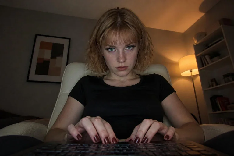 Low Angle Webcam Feed, Mean Woman In Her 20s, Looking Direct...