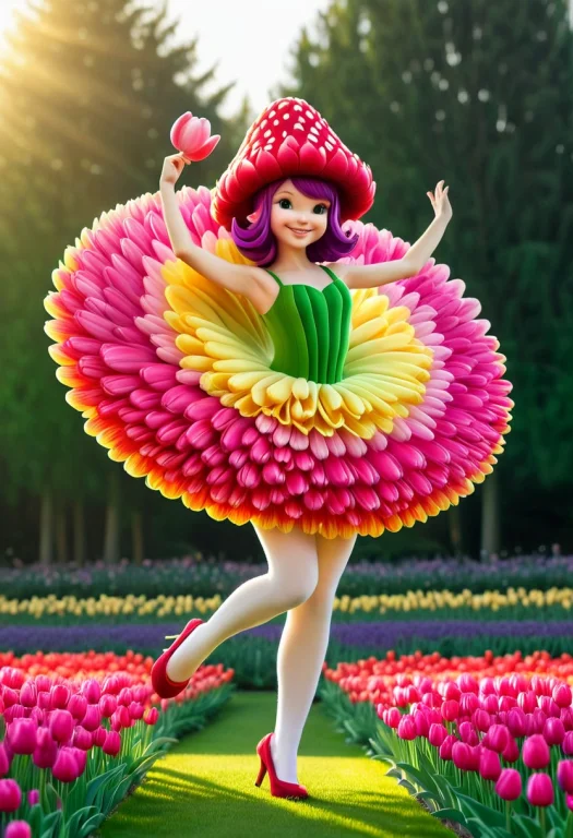 A Whimsical Dancing Mushroom Character, Cap And Stem Entirel...