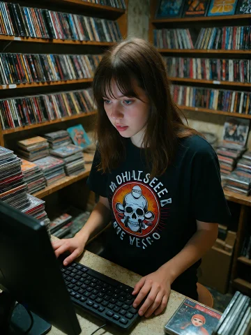 Photograph Of A Young Woman With Straight Brown Hair And Ban... — Stable Diffusion AI Prompt: Photograph of a young woman with straight brown hair and bangs, wearing a black...