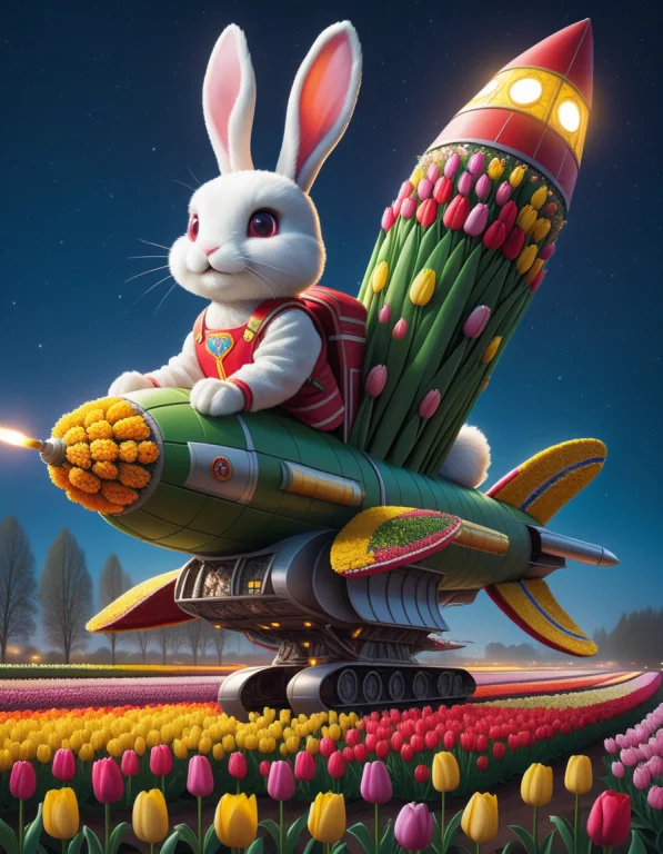 A Rabbit Riding A Rocket , At Night Made Of Tulips, Jaynl-tm...