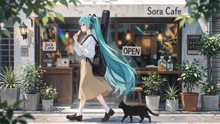 A Side View Of Hatsune Miku From Vocaloid, With Long Teal Tw...