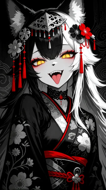 A Black And White Anime-style Female Character With Wolf-lik...