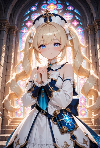 Barbara From Genshin Impact, Human, With Long Blonde Hair St... — Stable Diffusion AI Prompt: Barbara from Genshin Impact, human, with long blonde hair styled in high twintai...