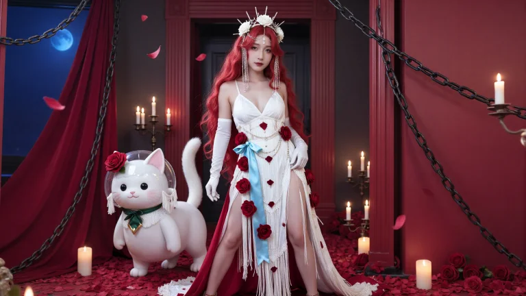 一位拥有及腰鲜红色长发的年轻女性，头发蓬松卷曲自然垂落，皮肤...