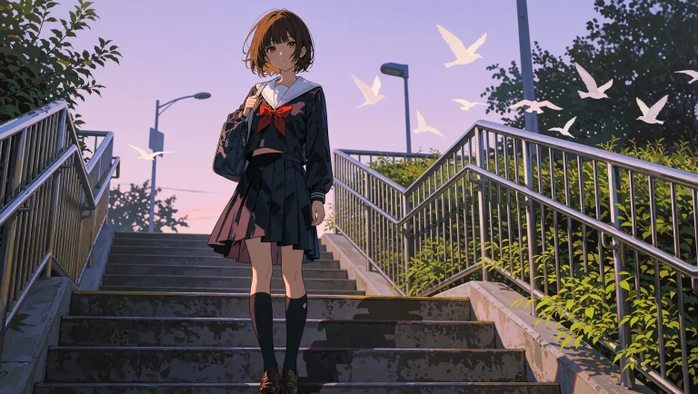 A Full-body View Of A Girl With Short Brown Hair And Bangs,...