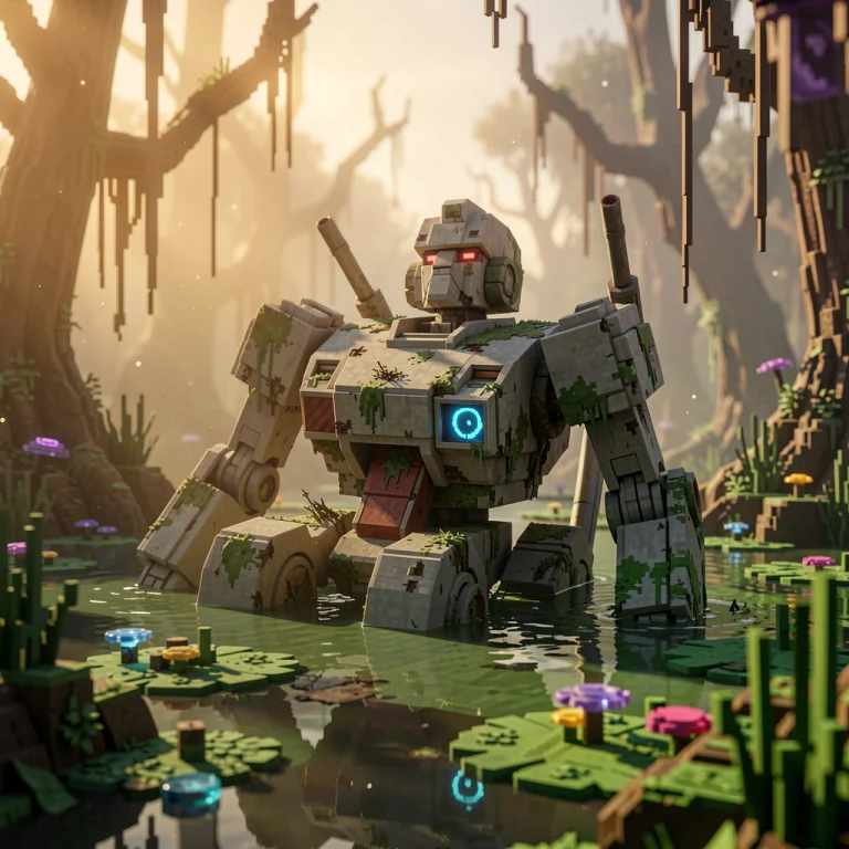 A Derelict Mech Half-sunk In An Alien Swamp, Voxel Art, Ray...