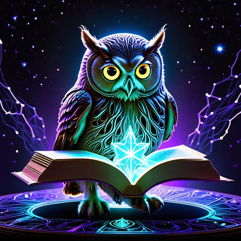 An Owl Librarian Reading A Glowing Star-shaped Book, Soft Bi...