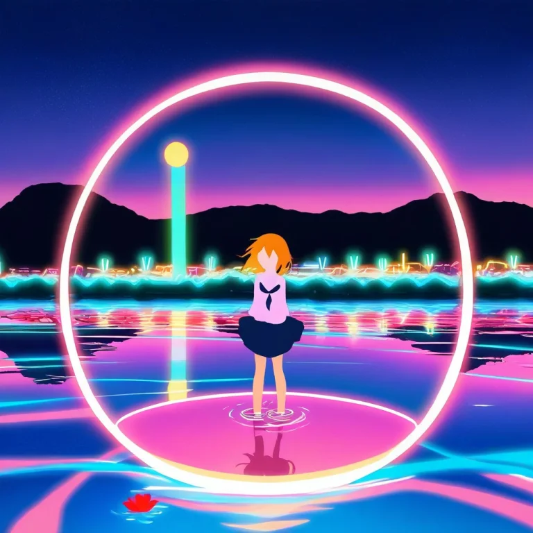 A Heron Of Glass Wading In A Mirror Lake, Neon Lighting, Cen...