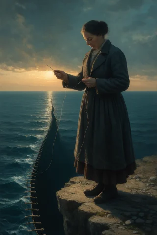 Magical Realism Seascape Portrait, Full-body Of A 46-year-ol... — Stable Diffusion AI Prompt: magical realism seascape portrait, full-body of a 46-year-old seamstress in a ch...