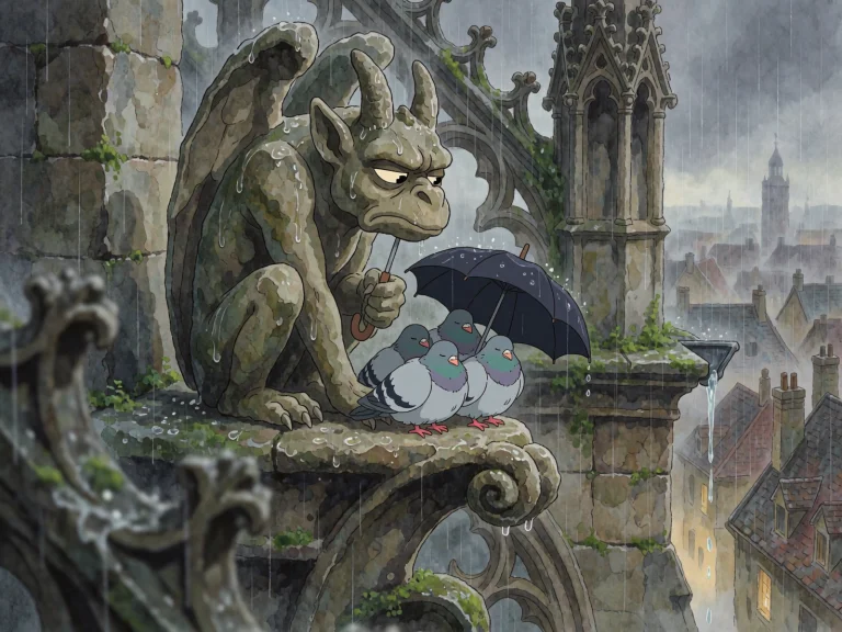 An Illustration Of A Grumpy Stone Gargoyle On A Cathedral Le...