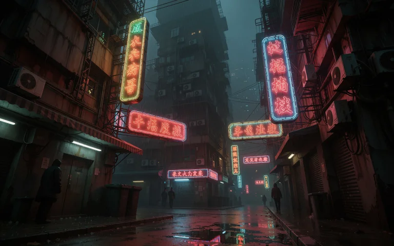 This Is A Depicting A Rainy, Neon-lit Urban Street Scene At...