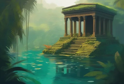 A Sunken Temple Half-swallowed By Jungle, Flat Color Illustr... — SDXL AI Prompt: a sunken temple half-swallowed by jungle, flat color illustration, birds eye vie...