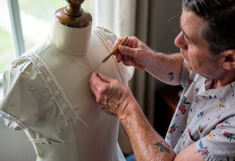 A Tailor Pinning Fabric On A Dress Form, Soft Window Light,...