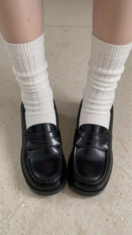 Lower Legs, White Ribbed Socks Slouched At The Ankles, Black...