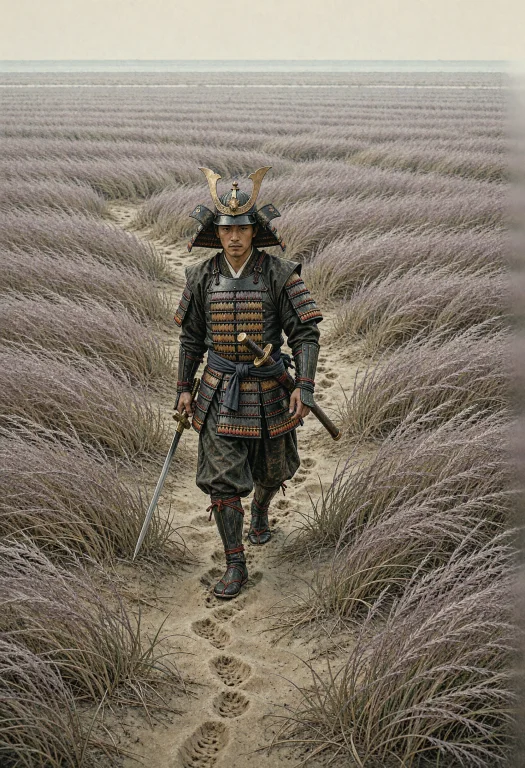 A Samurai In Black Walks Through The Dunes,dragon, With Purp...