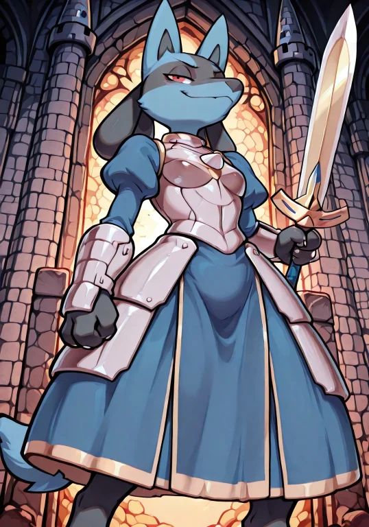 Lucariopokemon, 1girl, Furry, Female Furry, Blue Fur, Red Ey...