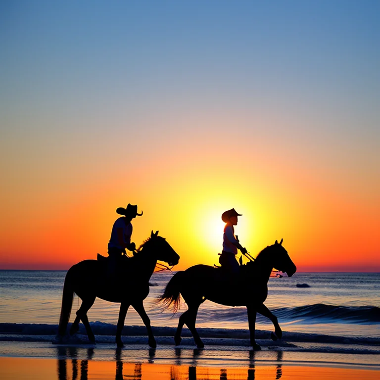 Couple Rides Horseback, Sunset, Ocean