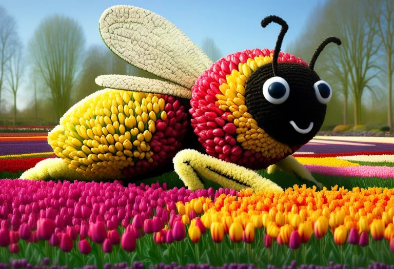 Photo-realistic A Bee Made Of Tulips In A Tulip Garden Hover...
