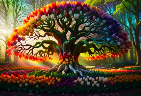 A Massive, Ancient Tree Of Life Growing In A Radiant Forest... — SDXL AI Prompt: A massive, ancient tree of life growing in a radiant forest clearing. The trunk,...