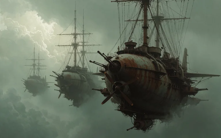 This Is A Industrial-style Airships Floating In A Misty, Ove...