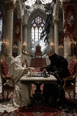 Two Faceless, King-like Figures Draped In Elegant, Flowing R... — Stable Diffusion AI Prompt: Two faceless, king-like figures draped in elegant, flowing robes — one in pristi...