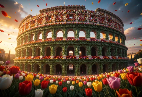 A Monumental Roman Colosseum Entirely Constructed From Tulip... — Stable Diffusion AI Prompt: A monumental Roman Colosseum entirely constructed from tulips. The iconic circul...