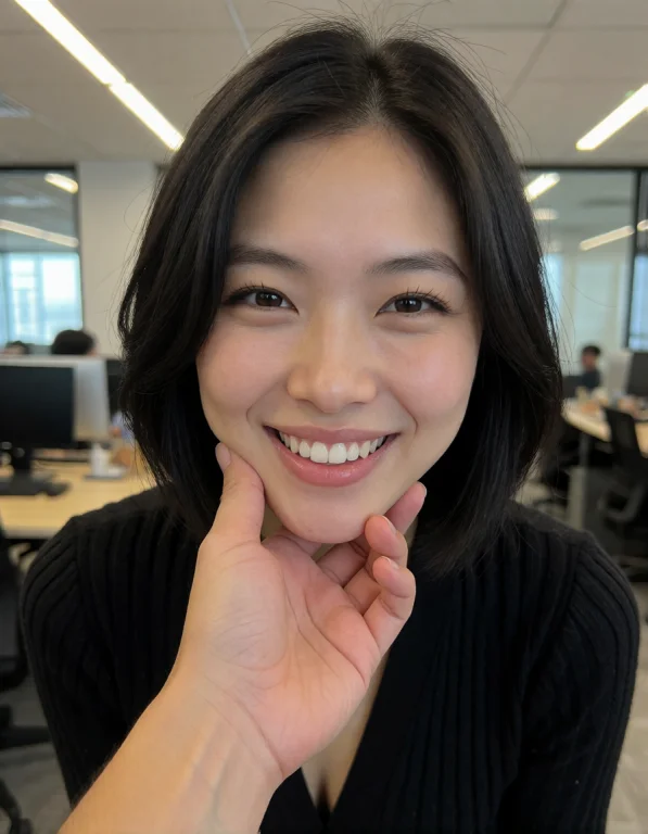 Asian Woman In A Modern Office. Black Hairbob, Grin Happy. L...