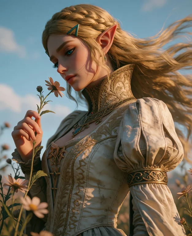 Princess Zelda Elf Girl, Blue Eyes As An Elegant Woman Stand...