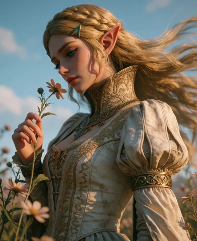 Princess Zelda Elf Girl, Blue Eyes As An Elegant Woman Stand... — Stable Diffusion AI Prompt: Princess Zelda (elf girl, blue eyes) as an elegant woman standing in a quiet fie...