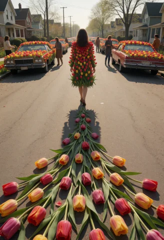 Jaynl-tm, Tulips, Woman Walking Down A 1970s American Street... — Stable Diffusion AI Prompt: jaynl-tm, tulips, woman walking down a 1970s american street, seen from behind,...