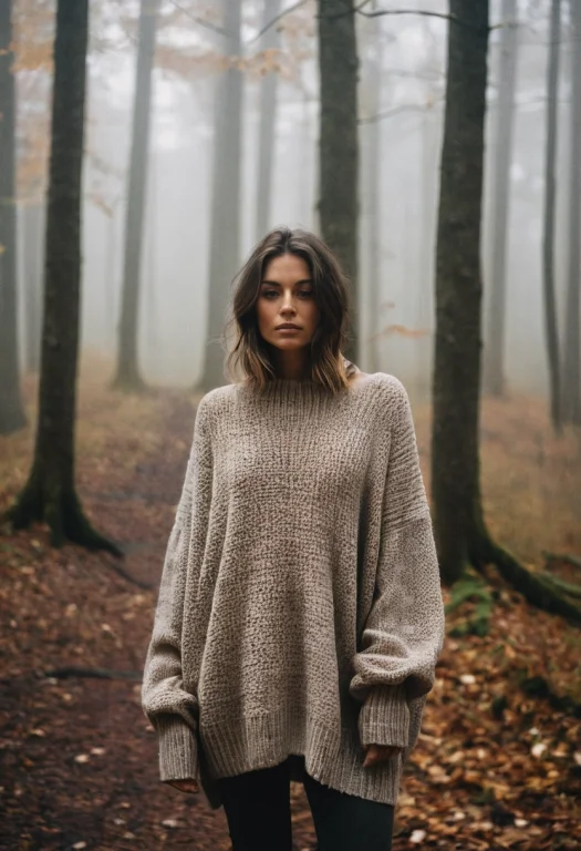 Raw Photo, Woman In An Oversized Knit Sweater On A Foggy Aut...