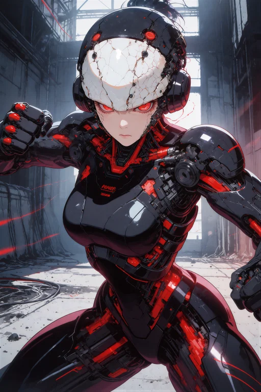 An Anime Style Illustration Of A Female Combat Android With...