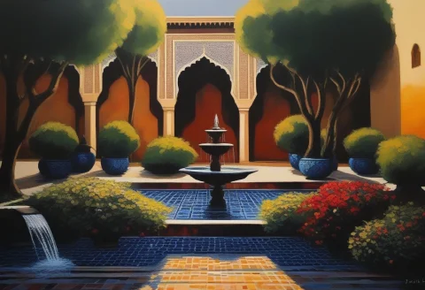 A Persian Garden Cooled By Tiled Fountains, Acrylic Painting... — SDXL AI Prompt: a Persian garden cooled by tiled fountains, acrylic painting, dramatic chiaroscu...