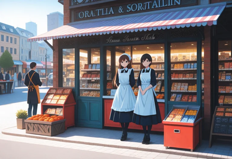 A Man In An Apron Talks To A Girl In A Dress, Two Persons, O...