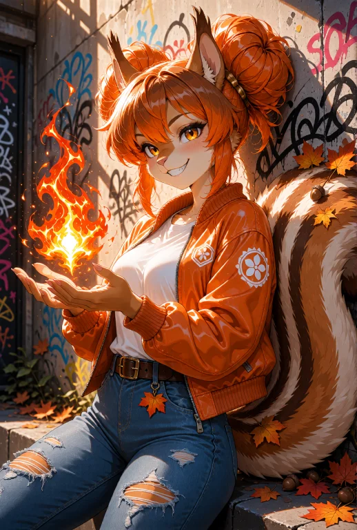 An Anthropomorphic Squirrel Girl With Vibrant Orange Hair St...