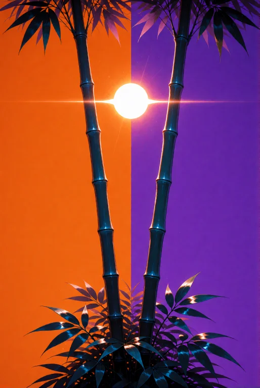 Two Tall, Slender Bamboo Stalks Emerge From A Dark, Leafy Cl...