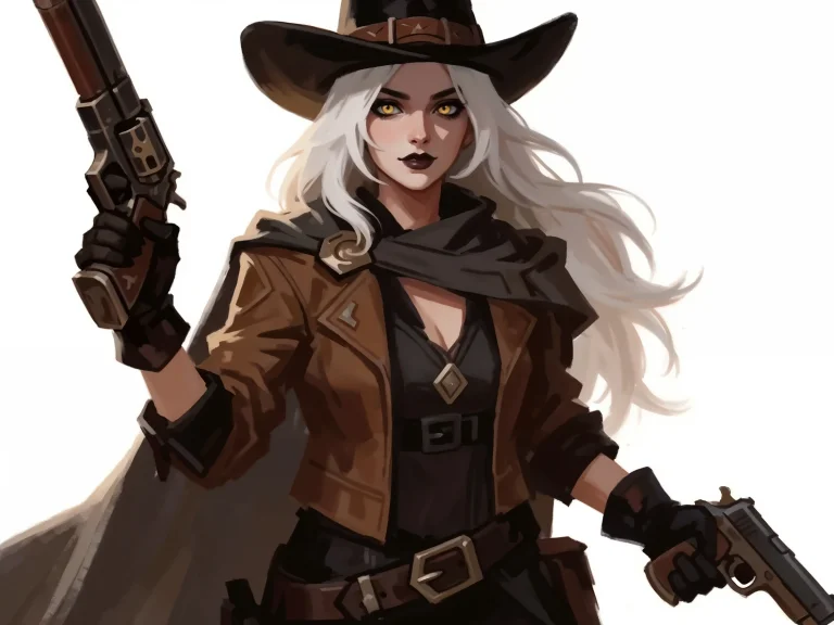 White-haired Woman In Cowboy Hat Brown Coat Holding Two Guns...