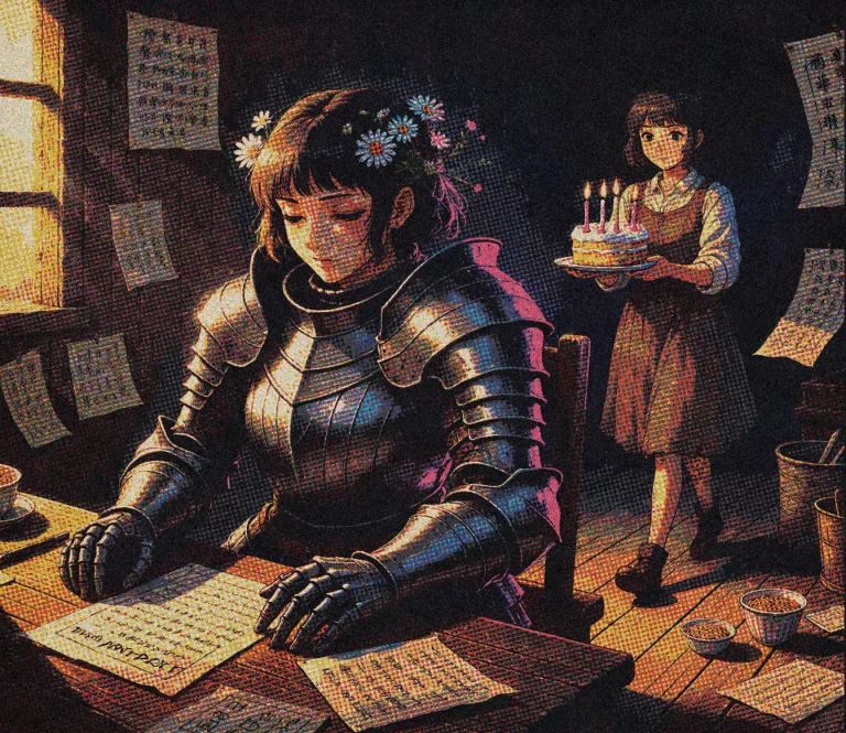 Dcfrcanma. A Young Woman In Full Plate Armor Sits At A Woode...