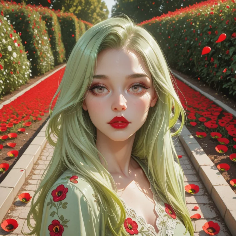 A Woman With Hazel Eyes, Red Lips, Floral Embroidery, Short...