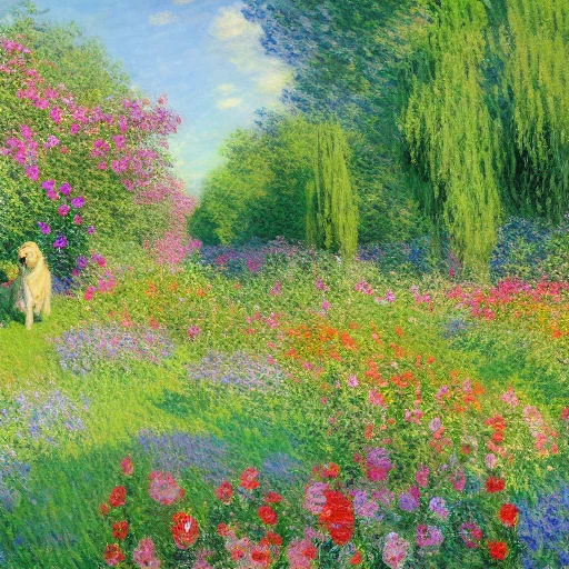 A Golden Retriever In A Flower Garden, Dappled Sunlight, Mon...