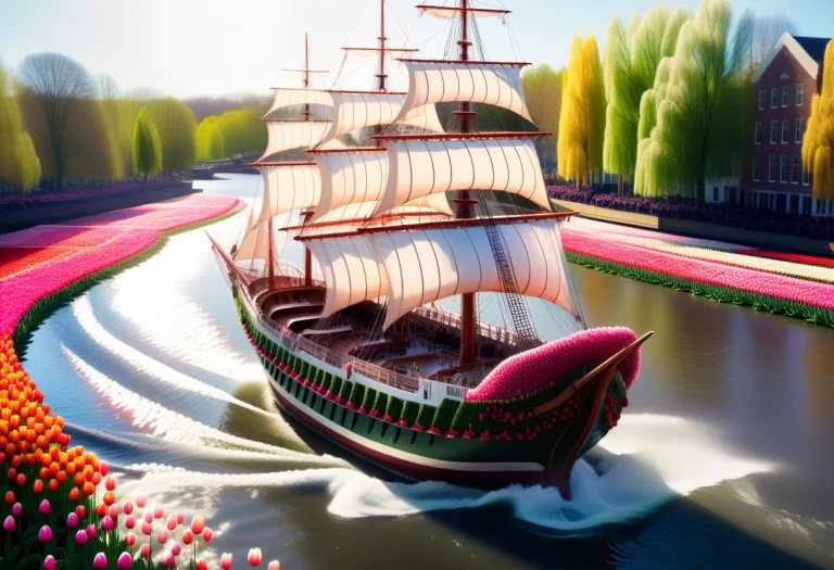 A Majestic Sailing Ship With Tall Masts Navigating A Vibrant...