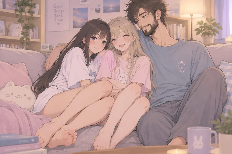 Anime-style Illustration. Two Cute 18yo Women. Slender, Skin...