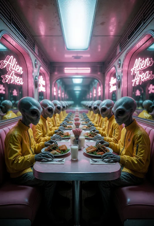 A Surreal, Cinematic Shot Of A Row Of Identical, Gray-skinne...