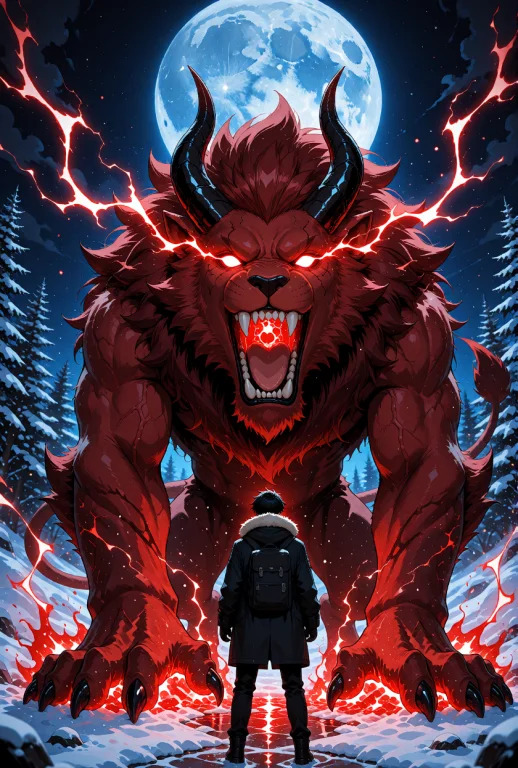 A Massive Red Demon Beast And A Lone Human Man. The Beast Is...
