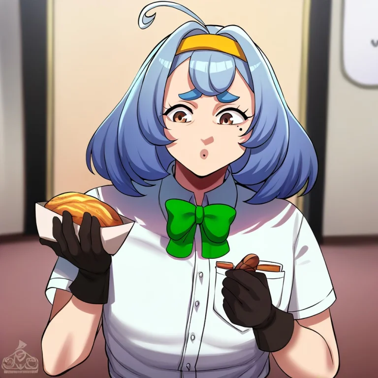 Bwl, 1girl, Blue Hair, Bow, Mole, Solo, Gloves, Shirt, Black...