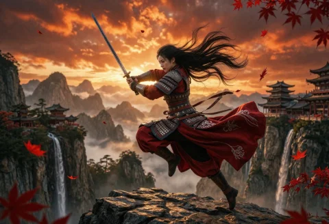 A Cinematic, Ultra-detailed Scene Of A Female Warrior Mid-le... — Stable Diffusion AI Prompt: A cinematic, ultra-detailed scene of a female warrior mid-leap, suspended above...