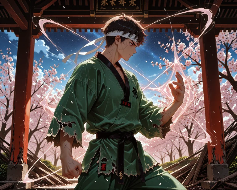 A Lone Martial Artist, D In A Tattered Taekwondo Uniform Wit...